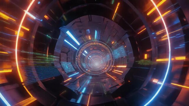 Futuristic digital tunnel with glowing neon lights and abstract technology patterns in vibrant colors
