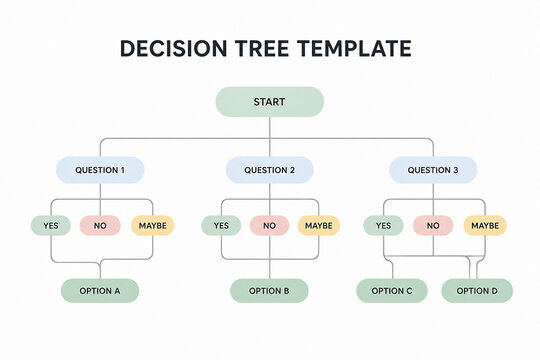 A decision tree template illustrating a branching process with questions and corresponding options is displayed.