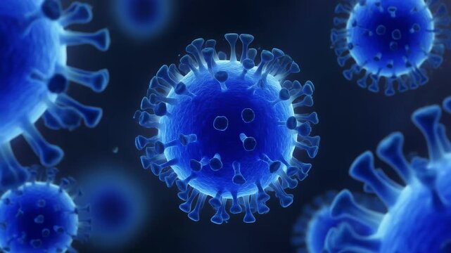 Detailed 3D illustration of blue virus particles representing infectious disease and microscopic pathogens