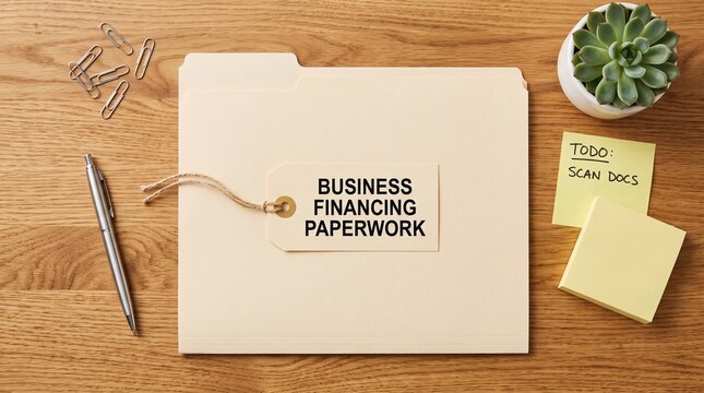Business financing paperwork folder on wooden desk, corporate financial documents with tag, professional office organization for loan applications