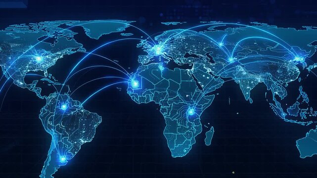 Global digital network connections world map technology concept with glowing city nodes and data flow