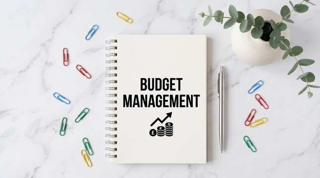 Budget management notebook on white marble background, financial planning spiral notepad with colorful paper clips, business accounting and savings concept