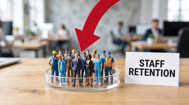 Staff retention concept with diverse worker figurines, red downward arrow pointing at employees, business turnover and labor shortage metaphor