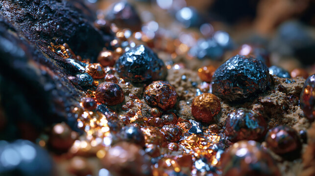 Abyssal manganese nodule field photographed across seafloor, polymetallic concretion spheroids at varying diameter stages, sediment interstitial zones between nodules, deep sea mining resource depos