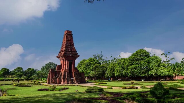 Stunning historic Candi Bajang Ratu Temple Gate in Trowulan, East Java, Indonesia. UNHCR world heritage site with old civilization history. Tourist and adventures destination spot . 