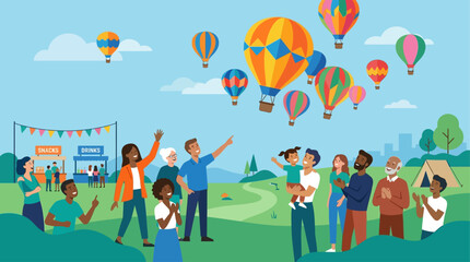 Naklejka premium This flat design illustration portrays a joyful community gathering, celebrating a vibrant hot air balloon fiesta with colorful balloons filling the sky.