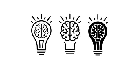 Creative Brain Light Bulb Icons Set Representing Innovation and Thinking ,Mixed style icon set of 3 light bulb brain symbols featuring silhouette, outline and flat color variations for creativity and © IsratJahan