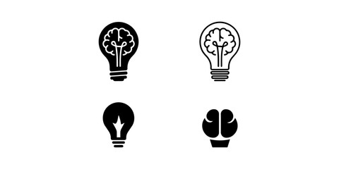 Creative Brain Light Bulb Icons Set Representing Innovation and Thinking ,Mixed style icon set of 3 light bulb brain symbols featuring silhouette, outline and flat color variations for creativity and © IsratJahan