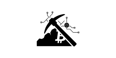 Bitcoin cryptocurrency mining vector icon set featuring a pickaxe striking a digital coin in solid black silhouette and line outline graphics for blockchain technology finance design. © IsratJahan