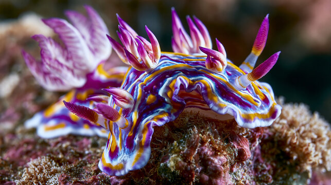 Chromodoris nudibranch cerata spines rising from mantle surface on encrusted subtidal rock, rhinophore sensory organ extended, gill plume unfurled, bryozoan encrustation providing textured foregroun