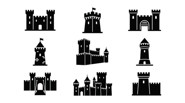 Collection of castle silhouettes medieval.