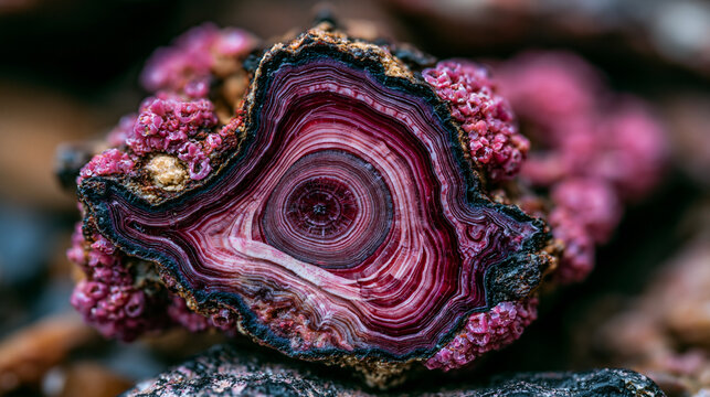 Coralline algae rhodolith free-living nodule cross-section exposing annual growth band record, calcium carbonate thallus architecture, encrusting coralline genus Lithothamnion surface texture, unatt