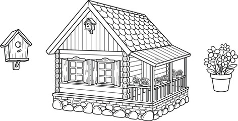 Fototapeta premium Black and White Cute Garden Log Cabin Vector Illustration Set with Birdhouse and Potted Flower Elements for Kids Coloring Book Designs