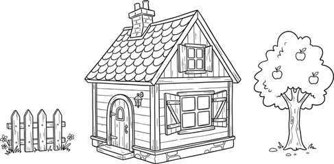 Naklejka premium Black and White Fairytale Cottage Vector Illustration Set with Picket Fence and Apple Tree Elements for Kids Coloring Book Designs