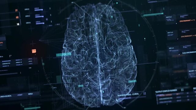 Futuristic digital brain scan with HUD UI data interface, 4k cyber technology motion graphic