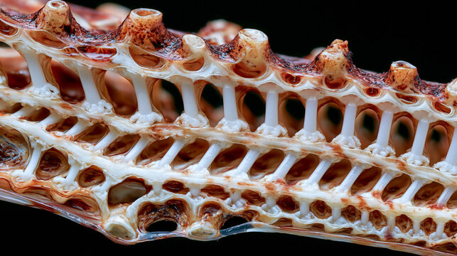 Cuttlebone Sepia officinalis internal skeleton cross-section showing chambered lamellar architecture, calcium carbonate pillar array supporting each septum, buoyancy regulation structure in biologic