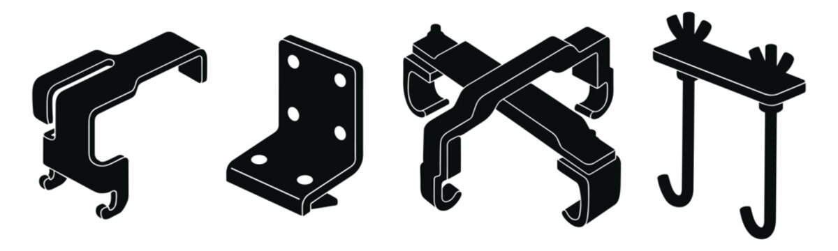 Industrial metal mounting bracket silhouettes and fixing hardware icons vector illustration.