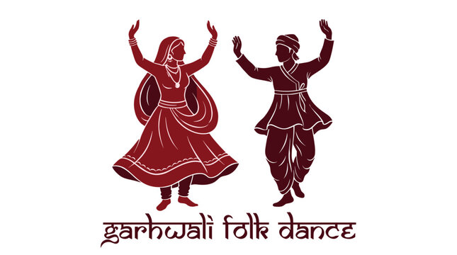 Traditional Garhwali Folk Dance Illustration Featuring a Couple in Ethnic Attire Performing Cultural Dance of Uttarakhand India