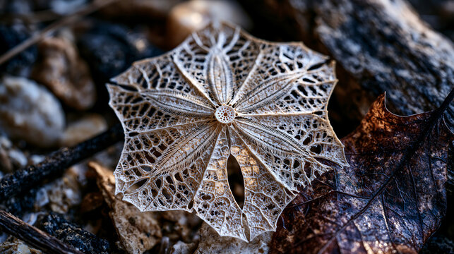 Echinarachnius parma sand dollar skeleton bleached and desiccated on dry substrate, pentamerous ambulacral groove pattern etched across aboral surface, madreporite pore plate centered, test structur