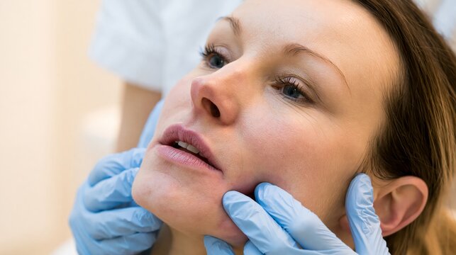 Facial therapist performing a buccal massage with gloved fingers inside a client's cheek. Concept of buccal facial massage.