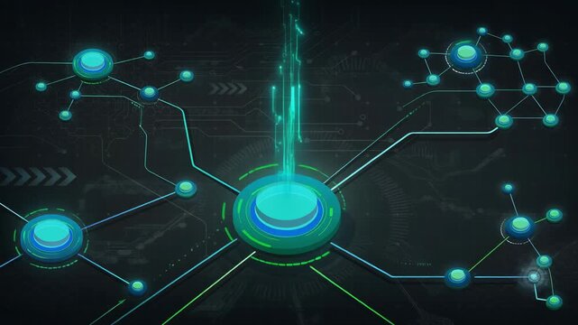 Futuristic digital network with glowing nodes and connected technology interface in dark background