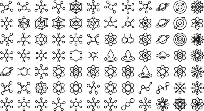 Comprehensive science and chemistry line icon set featuring molecule structures atom models chemical formulas and physics symbols