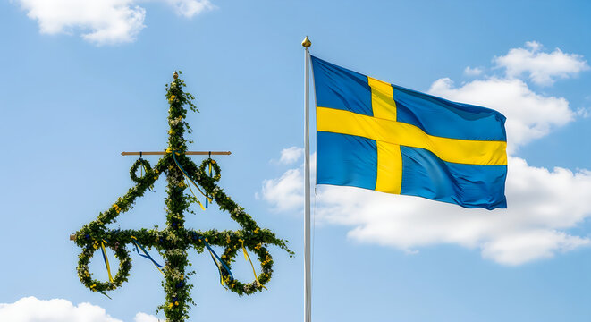 Swedish flag waving next to vintage wrought iron street lamp