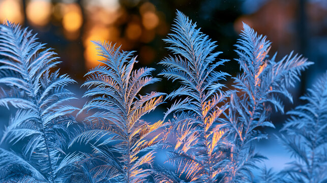Hoarfrost crystals propagate across a glass pane in branching fern formations, the ice needles growing in feathered columns where supercooled vapor deposited overnight, each crystalline spine refrac