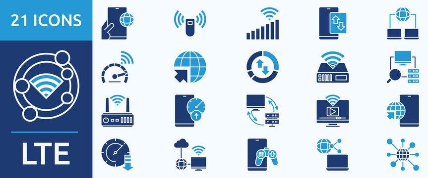 LTE
 - Icon Collection. Thin glyph blue Set contains such Icons as lte signal, mobile internet, wireless connection, signal strength, mobile data, network coverage  and more. Simple web icons set
