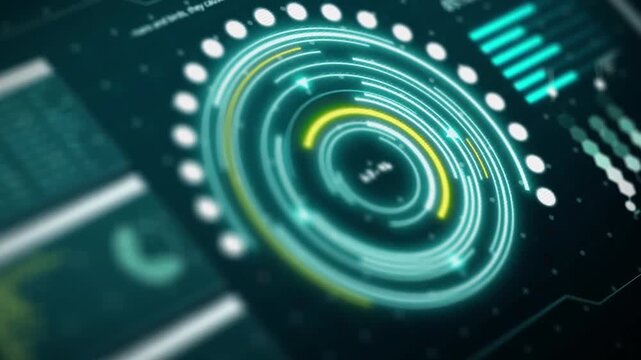 Futuristic HUD circular digital interface dashboard, high-tech abstract data analysis animation, scifi technology user interface display loop, cybernetic scanning target