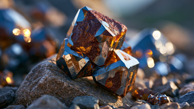 Magnetite iron oxide octahedral crystal cluster, lodestone magnetic mineral, natural magnet specimen reference, iron ore geology documentation, cubic crystal system reference under dramatic low angl
