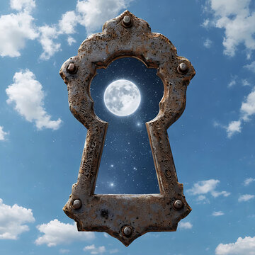 nel cielo sereno una vecchia serratura dalla quale si vede la luna piena, in the clear sky an old lock through which you can see the full moon