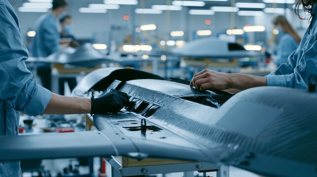 Workers assembling a military drone body on a production stand in a factory. Concept of military drone manufacturing.