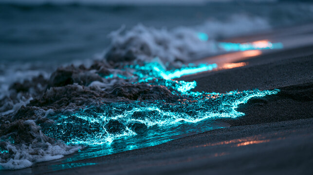 Noctiluca scintillans bioluminescent dinoflagellate bloom illuminating breaking shore surf at zero ambient light, biochemical luciferin oxidation casting aqua luminescence across wave foam, dark coa