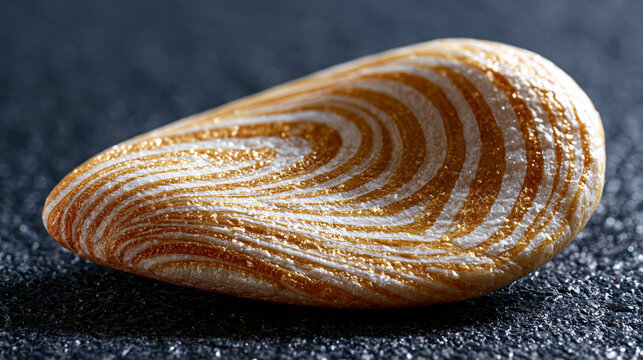 Otolith earstone from Atlantic cod Gadus morhua, annual growth ring annulus pattern readable as fish age record, surface crystalline aragonite texture, calcified structure providing species and popu
