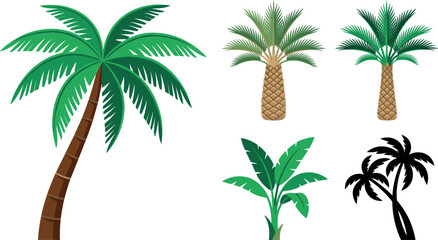 Obraz premium Tropical palm trees and exotic foliage vector cartoon set featuring coconut palms date palm banana plant leaves and black silhouettes isolated on white background