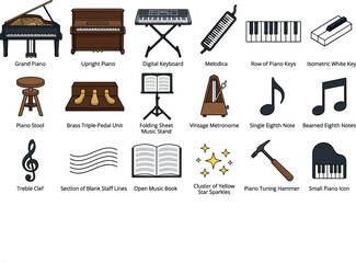 Musical keyboard instruments and accessories vector cartoon set featuring grand piano upright piano digital keyboard stool metronome sheet music notes and tools isolated © MstRowshanAra