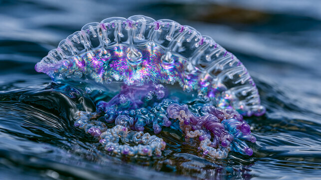 Portuguese man-of-war Physalia physalis pneumatophore float resting at ocean surface, gas gland iridescence across translucent bladder, dactylozooid tentacle coiling below in current, colonial sipho