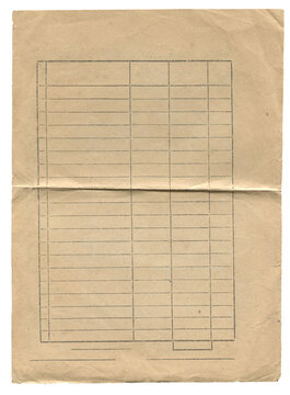 Aged blank beige ledger paper with printed table lines and fold crease, top view vintage document texture background