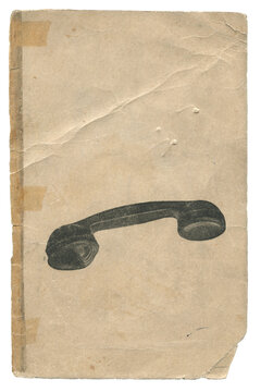Vintage worn notebook cover with black telephone handset illustration isolated on white