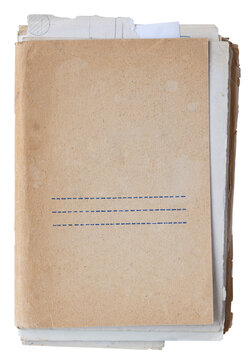 top view of old document folder with papers on white
