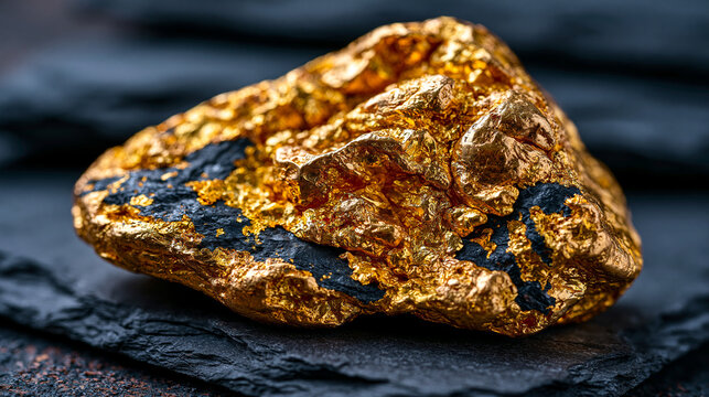 Raw alluvial gold nugget resting on dark slate, dramatic low angle sidelight emphasizing irregular surface texture, native gold specimen, placer mining geology, precious metal formation, assay refer