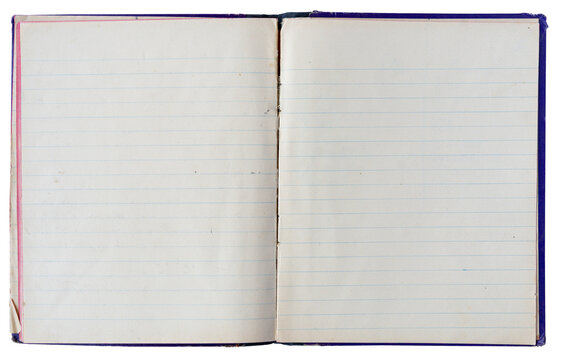 Open lined notebook with blank pages top view isolated on white