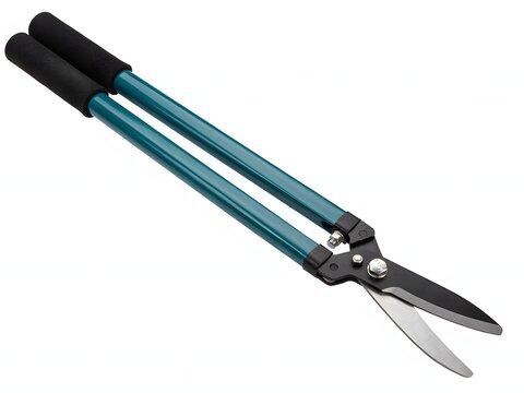 Gardening shears with teal handles for pruning and landscaping, isolated on white background