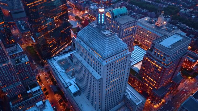 Distancing from the Berkeley Building in the Back Bay neighborhood of Boston, Massachusetts. Beautiful city view with switched on illumination at night.