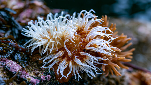 Sea anemone Metridium senile plumose column fully extended on subtidal piling, tentacle plume spread in tidal current, acontia thread visible at column base, white and brown color morph adjacent in 