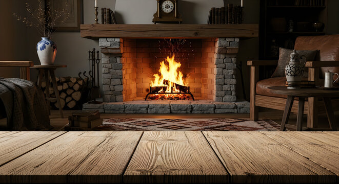 Cozy fireplace with warm flames burning in a rustic living room