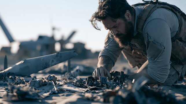 Military analyst crouching over destroyed drone wreckage on an examination tarpaulin. Concept of enemy drone analysis.