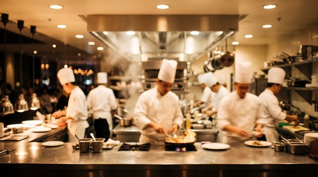 Professional chef cooking food in frying pan with flames on stove in busy restaurant kitchen with other staff working in background creating high energy culinary scene