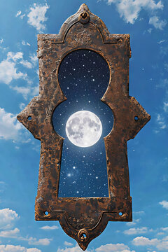 nel cielo sereno una vecchia serratura dalla quale si vede la luna piena, in the clear sky an old lock through which you can see the full moon